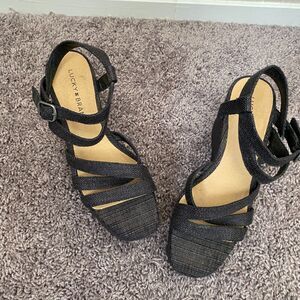 LUCKY BRAND Black Fabric Strap Sandals Wedges BoHo Summer Platforms Size 7 1/2